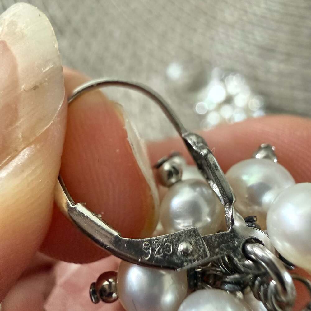 Sterling Silver Faceted Rock Crystal Quartz and Pearl Cluster Drop Earrings - Picture 5 of 6